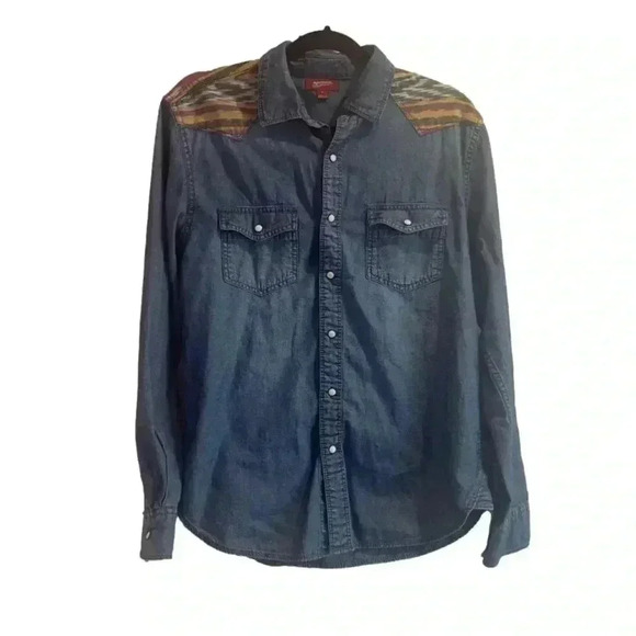 Arizona Jean Chambray Aztec Print Pearl Snap Shirt Size Medium - Picture 1 of 2